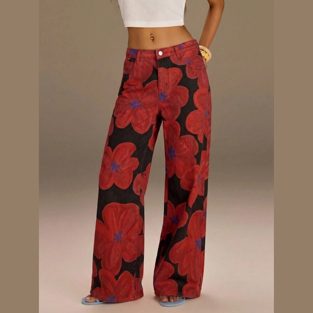 Red Black Floral Print Wide Leg Denim Jeans